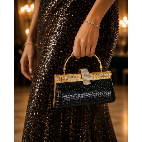 Evening Bag - Croc Embossed Clutch w/ Swarovski Crystal Accent Closure - Black - BG-HPR999B